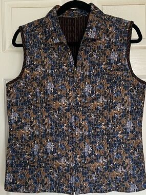 Vintage Goblincore Earthy Quilted Zip Vest Abstract Mosaic Pattern Blue Brown M